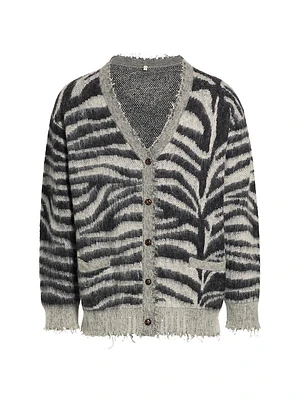 Mohair-Wool Frayed-Trim Zebra Cardigan