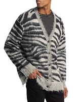 Mohair-Wool Frayed-Trim Zebra Cardigan