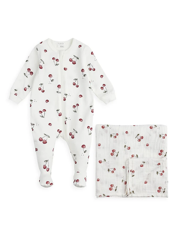 Baby Girl's Cherry Print Sleeper And Swaddle Set