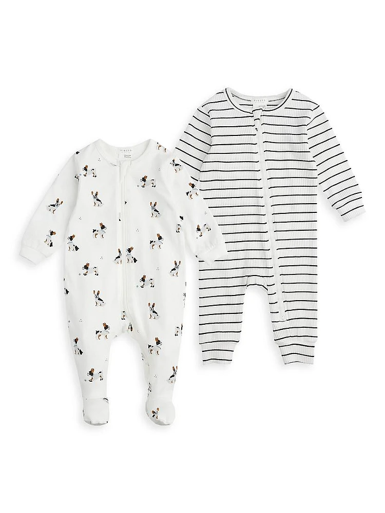 Baby Boy's Petit Lem French Bulldog Footie & Striped Ribbed Coveralls Set