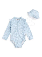 Baby Girl's Petit Lem Floral Bucket Hat & Swimsuit Set