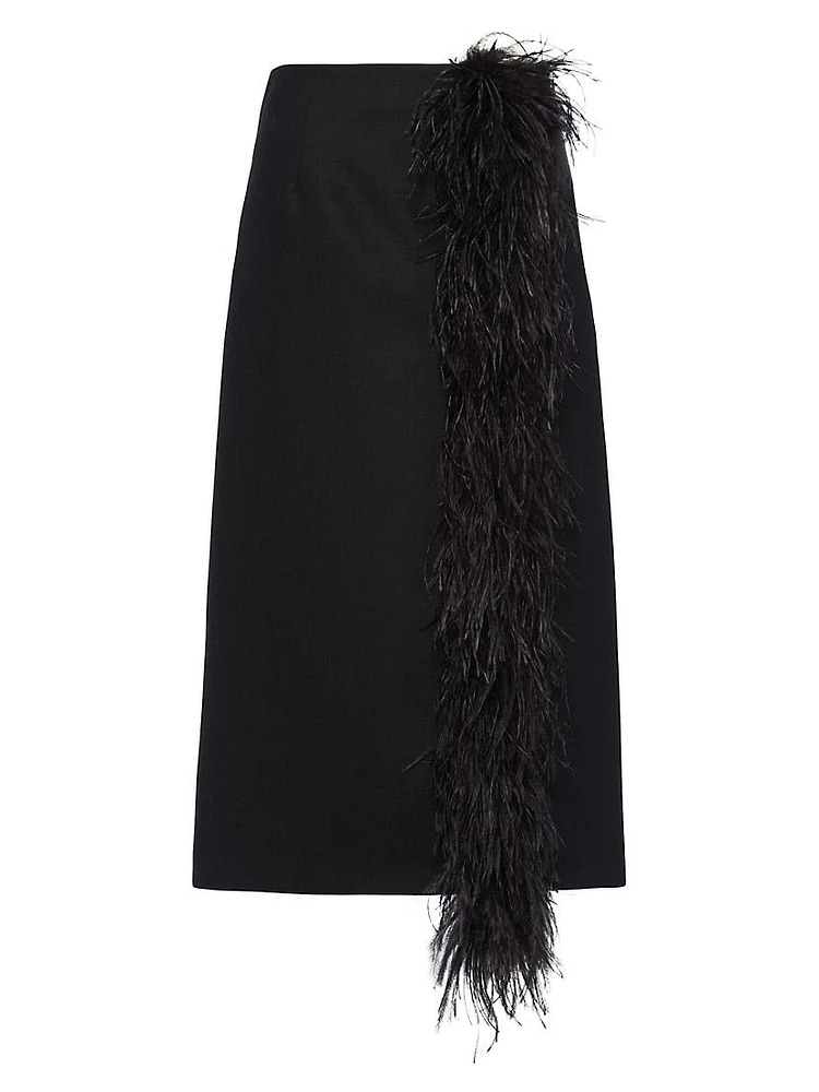 Feather-Trimmed Wool Midi-Skirt