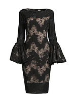 Metallic Lace Bell-Sleeve Sheath Dress