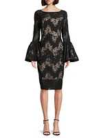 Metallic Lace Bell-Sleeve Sheath Dress