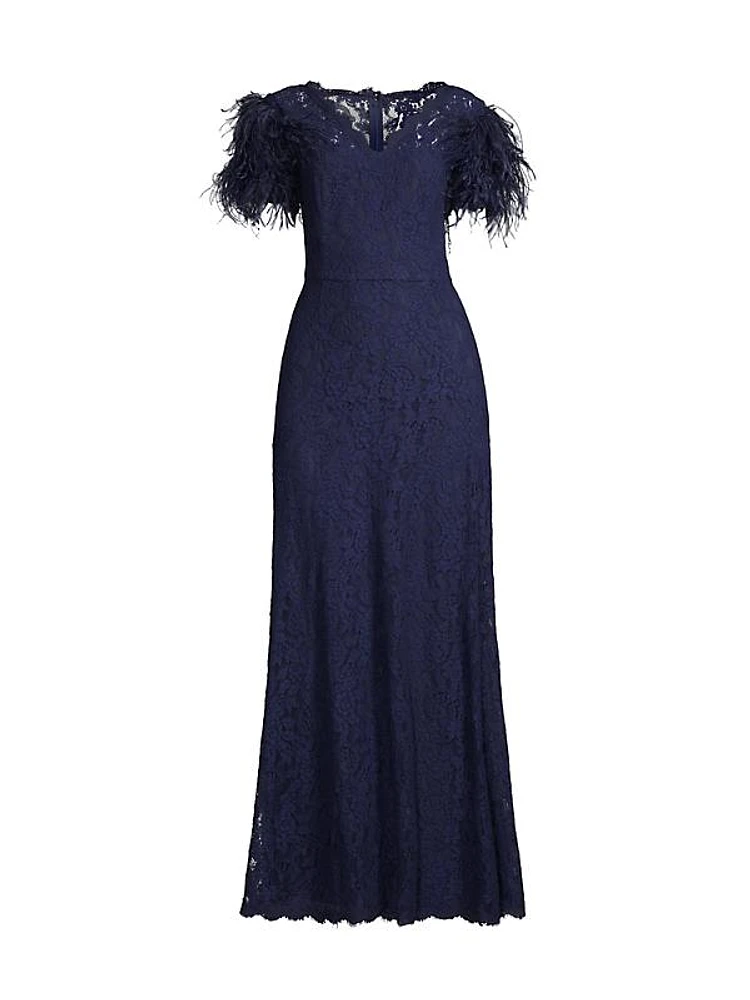 Lace & Feather V-Neck Gown