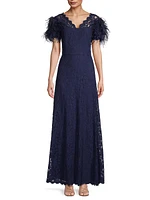 Lace & Feather V-Neck Gown