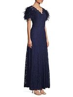 Lace & Feather V-Neck Gown