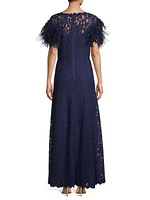 Lace & Feather V-Neck Gown