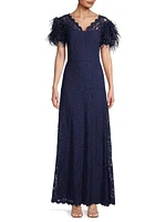 Lace & Feather V-Neck Gown