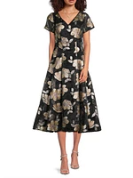 Jacquard Organza V-Neck Midi-Dress