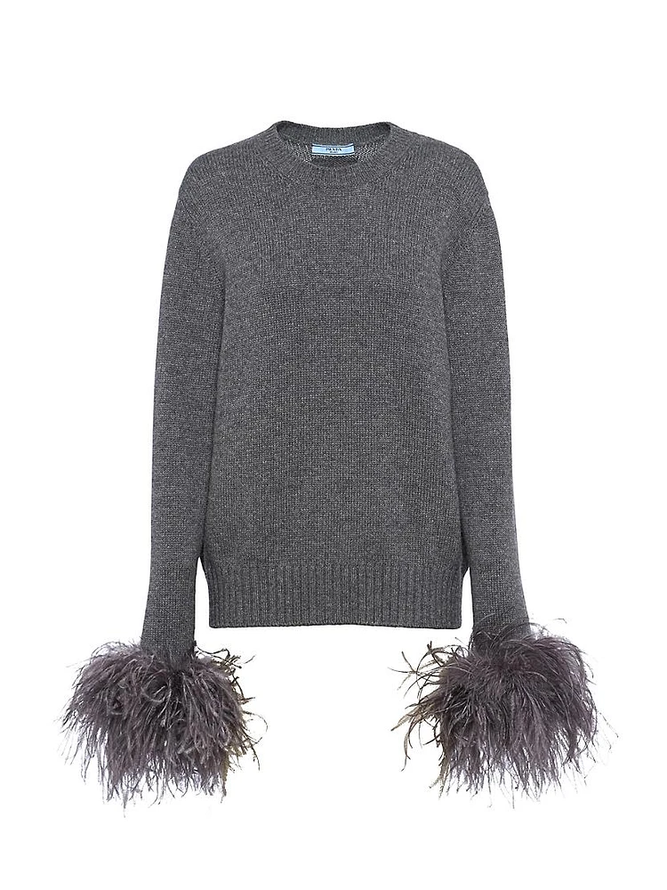 Feather-Trimmed Cashmere Crew-Neck Sweater