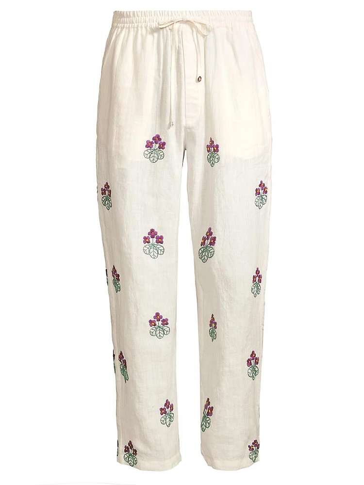 Craft Heritage Floral-Embroidered Linen Pants