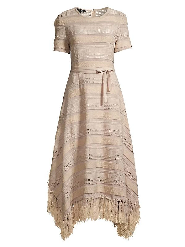 Fringe-Trim Pointelle Knit Midi-Dress