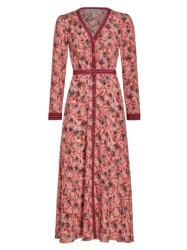 Lea Silk Floral Long-Sleeve Midi Dress