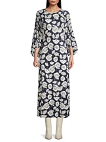 Floral Jersey Draped Long-Sleeve Midi-Dress