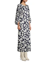 Floral Jersey Draped Long-Sleeve Midi-Dress