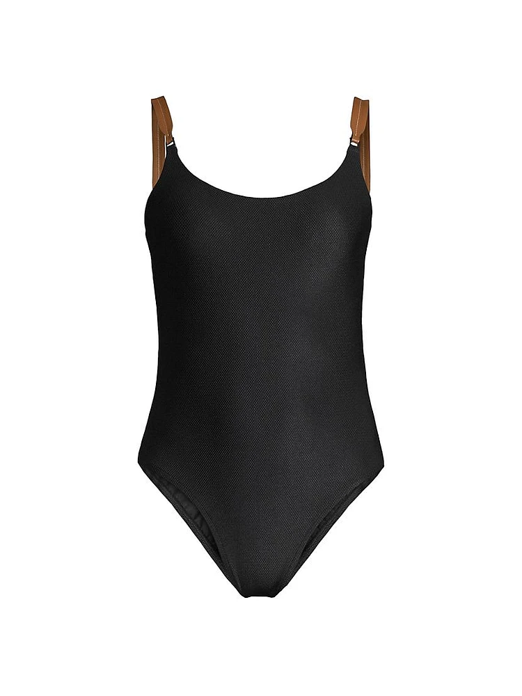 Leather-Strap One-Piece Swimsuit