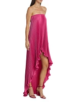 Les Éléments Feminite Pleated Satin High-Low Strapless Dress