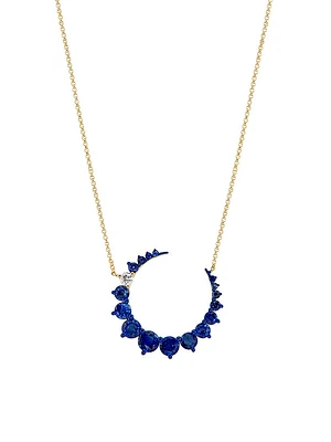 14K Yellow Gold, Blue Sapphire & 0.11 TCW Diamond Crescent Moon Pendant Necklace