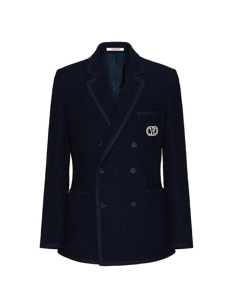 Double-Breasted Bouclé Wool Jacket With VLogo Signature Embroidery