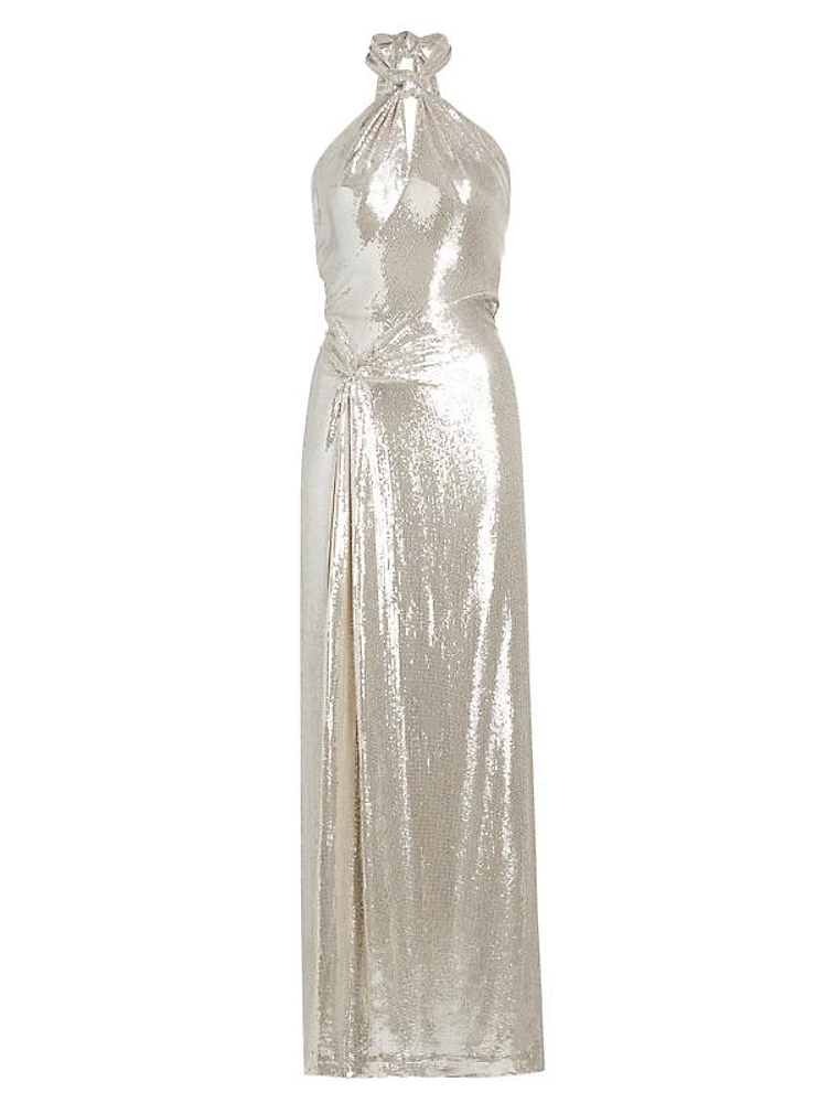 Zane Sequin Knotted Halter Gown