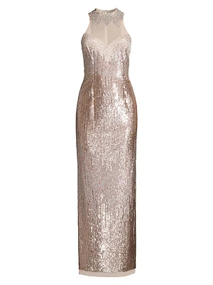 Illusion Beaded Column Gown