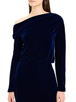 Velvet Draped Long-Sleeve Minidress