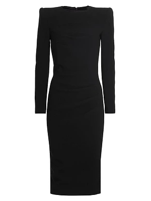 Gathered Long-Sleeve Wool Midi-Dress