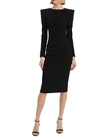 Gathered Long-Sleeve Wool Midi-Dress