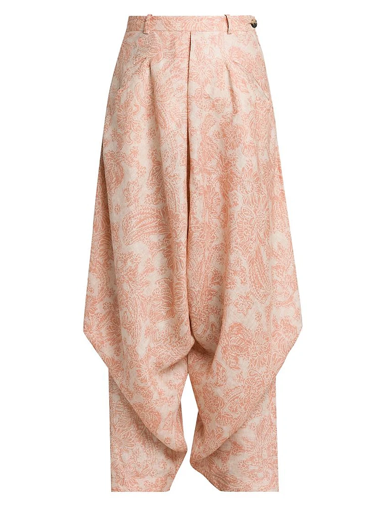 Helmer Botanical-Print Linen Asymmetric Cropped Pants