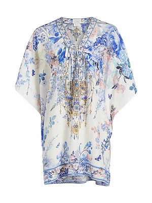 Embellished Floral Silk Lace-Up Caftan