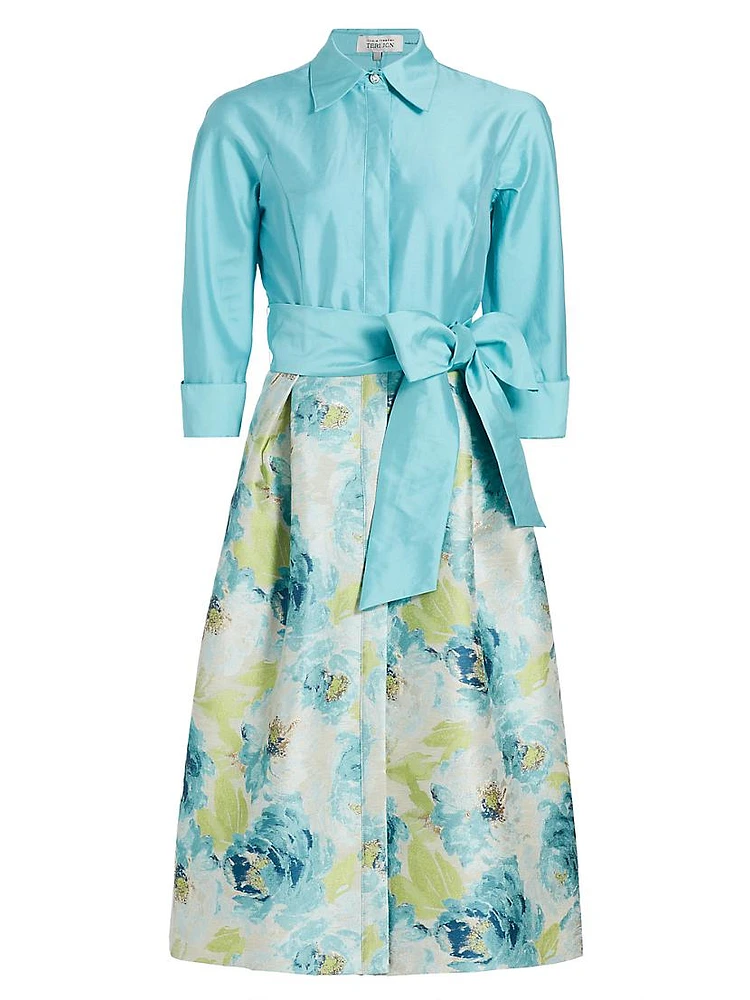 Taffeta & Floral Jacquard Bow Cocktail Dress