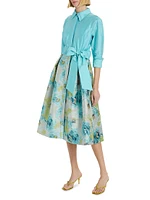 Taffeta & Floral Jacquard Bow Cocktail Dress