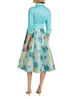 Taffeta & Floral Jacquard Bow Cocktail Dress