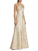 Metallic Jacquard One-Shoulder Gown