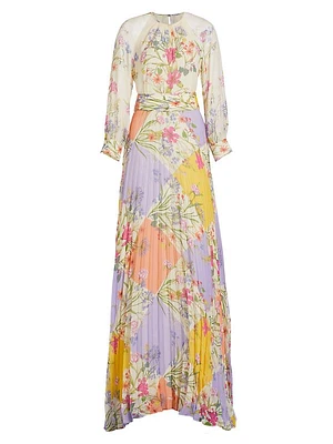 Pleated Floral Chiffon Maxi Dress