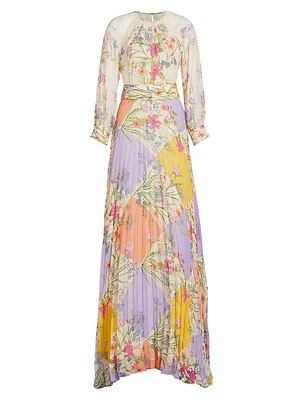 Pleated Floral Chiffon Maxi Dress