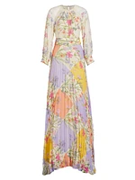 Pleated Floral Chiffon Maxi Dress