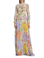 Pleated Floral Chiffon Maxi Dress