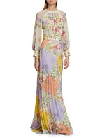 Pleated Floral Chiffon Maxi Dress