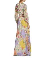 Pleated Floral Chiffon Maxi Dress