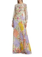 Pleated Floral Chiffon Maxi Dress