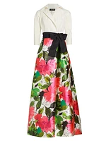 Bow-Detailed Floral Taffeta Gown