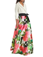 Bow-Detailed Floral Taffeta Gown