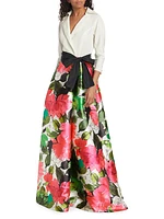 Bow-Detailed Floral Taffeta Gown