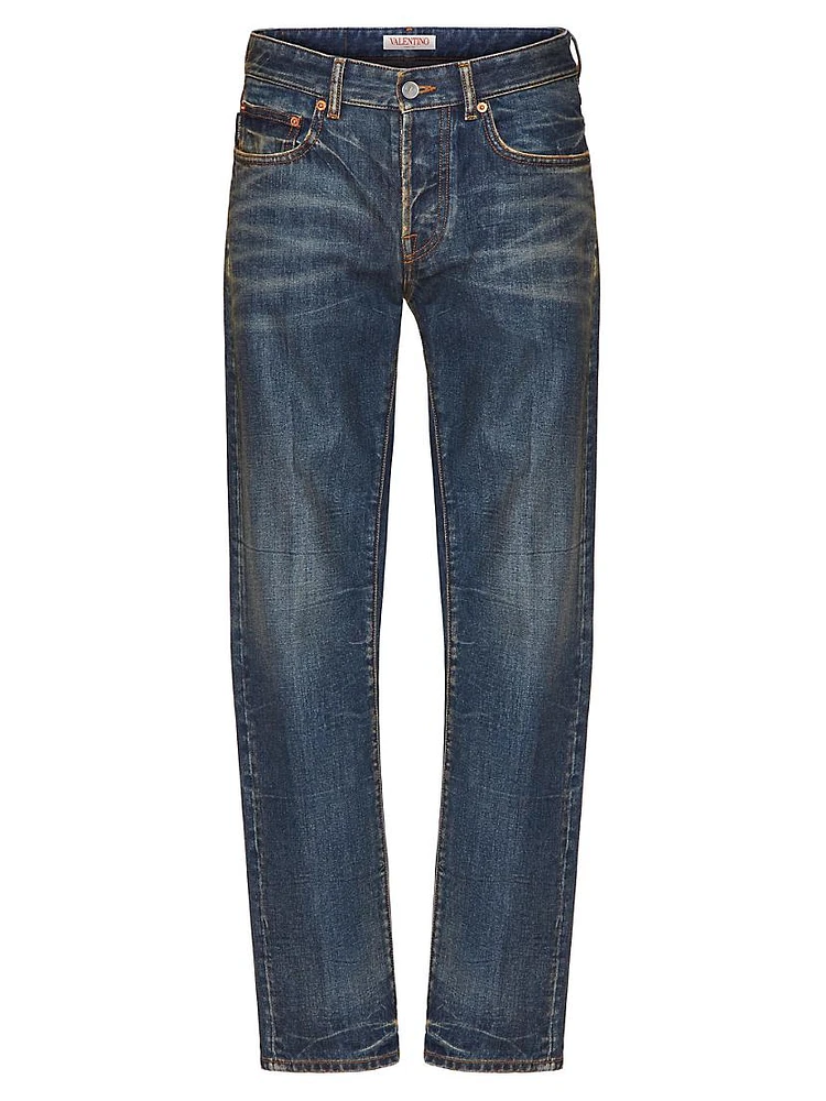 Denim Pants With Metallic V Detail