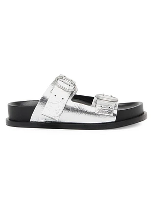 Metallic Leather Double Buckle Sandals