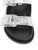 Metallic Leather Double Buckle Sandals