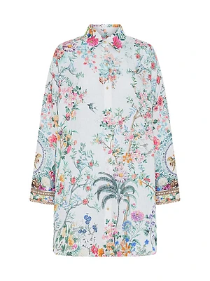 High-Low Floral Linen Cover-Up