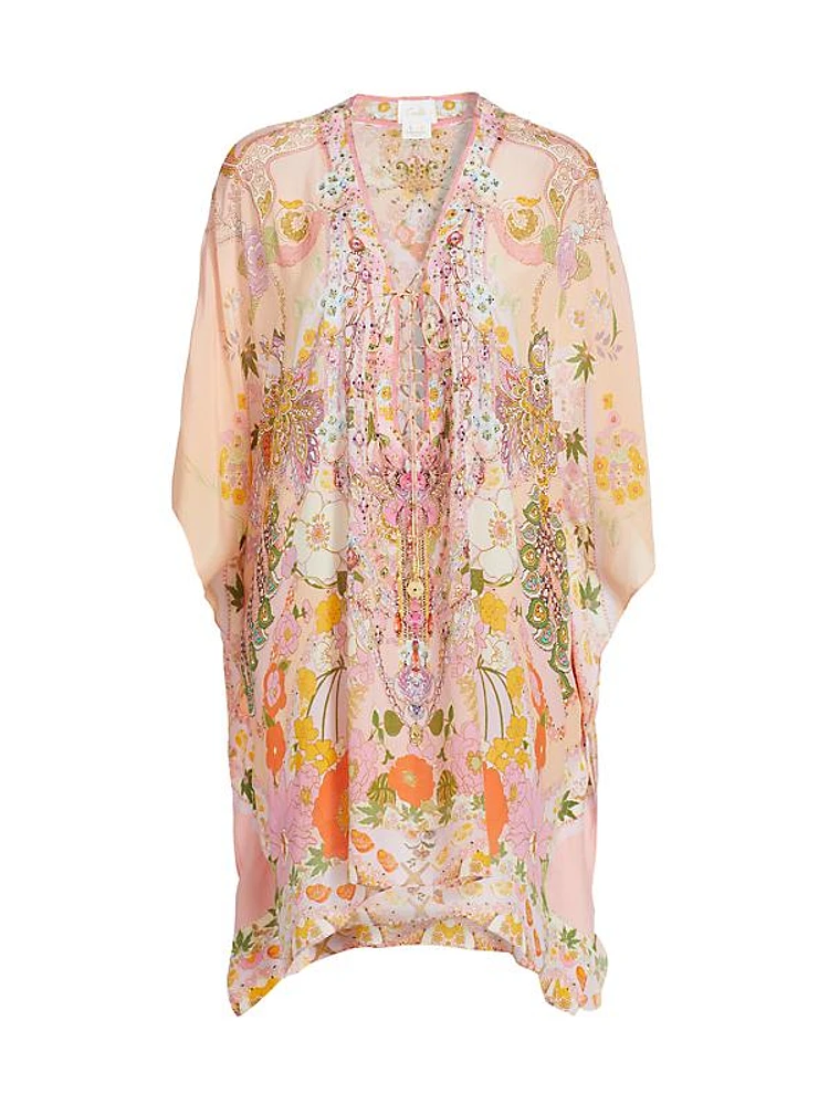 Floral Silk Lace-Up Short Kaftan